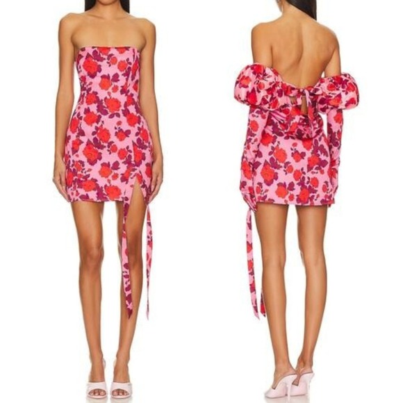For Love And Lemons Dresses & Skirts - For Love & Lemons Huda Satin Mini Dress Puff Sleeve Gloves Floral Coquette Sz M